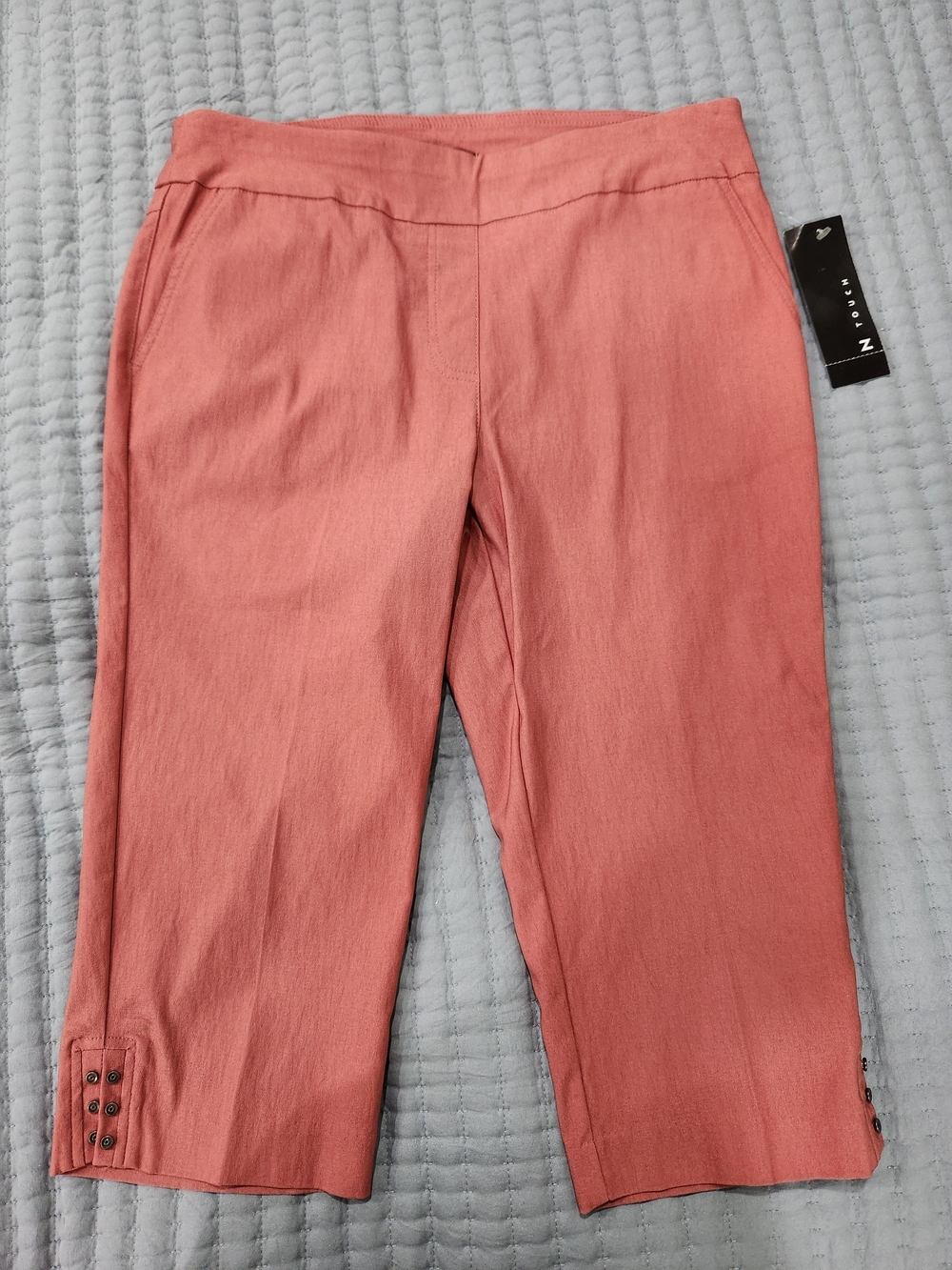 Pull-On Coral Capris with Cuff Button Detail